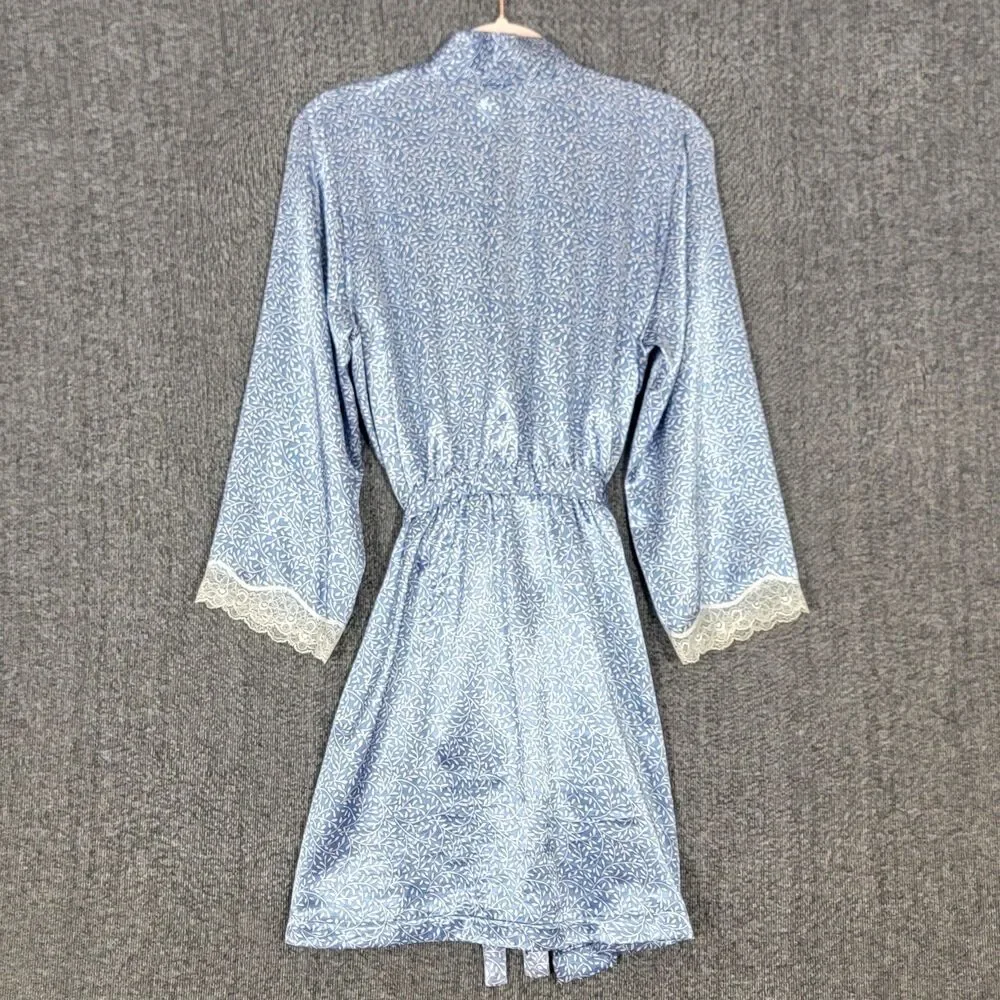 Vintage Morgan Taylor Intimates Robe XS Blue White Floral Satin 3/4 Sleeve Belt